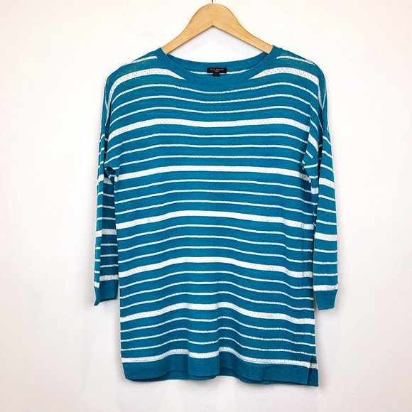 Talbots Teal Blue and White Striped Linen Blend Sweater, Size Medium Petite, GUC - Picture 1 of 6